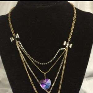 Gold and Silver Layered Necklace with crystal Heart Pendant